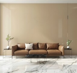 Modern living room with brown leather sofa. marble floor. black coffee table. and two small side tables with plants