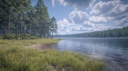 Fototapeta premium Serene Lakeside View with Lush Grass and Pine Trees Under a Bright Cloudy Sky
