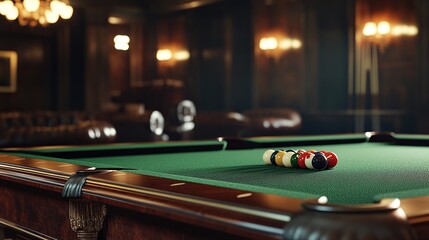 Billiard balls on a green pool table in a luxurious game room.