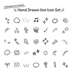 線の編集が可能なベクターデータ。漫画にも使える、手描きの感情のあしらいのモノクロのアイコンセット