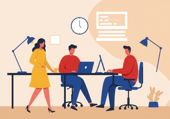 Flat illustration, office scene, coworkers, desk, computer, lamp, yellow dress, red sweater