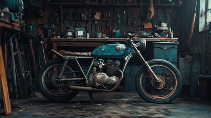 Fototapeta premium Rustic motorcycle in a cluttered workshop.