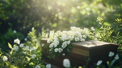 Floral-Adorned Coffin at an Outdoor Funeral Ceremony in a Sunlit Garden