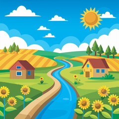 Fototapeta premium Countryside scene with houses and fields