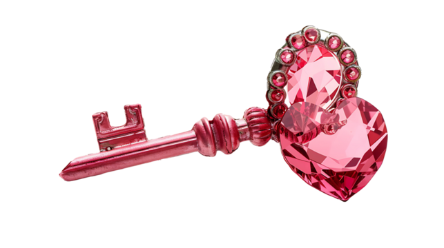 A decorative key with a heart-shaped handle, isolated on white background, cut out 