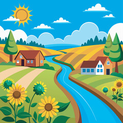 Fototapeta premium Countryside scene with houses and fields