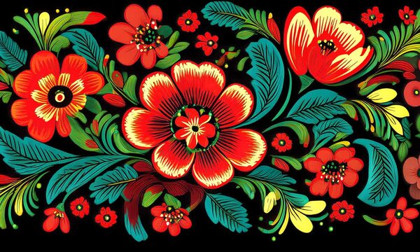 Floral painting on black or white background, Ukrainian style. Colorful flowers embroidered decorative textile seamless patterns.