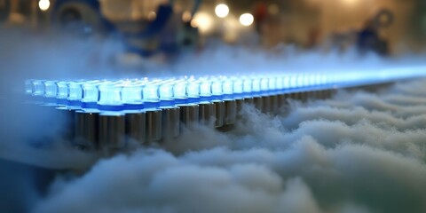 A high-tech cryogenics lab preserving endangered species’ genetic material for future conservation efforts, with robotic systems maintaining ultra-low temperatures and scientists analyzing preserved 