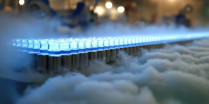 A high-tech cryogenics lab preserving endangered species&rsquo; genetic material for future conservation efforts, with robotic systems maintaining ultra-low temperatures and scientists analyzing preserved 