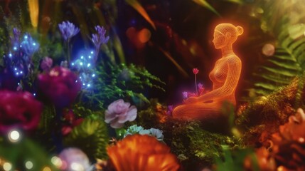 Fototapeta premium Glowing Venus Symbol Surrounded by Vibrant Flowers and Enchanting Lights in a Serene Garden