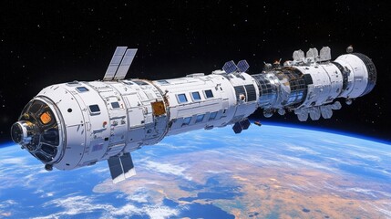 Fototapeta premium Spaceship orbiting Earth, showing detailed modules, solar panels, and Earth's curvature.
