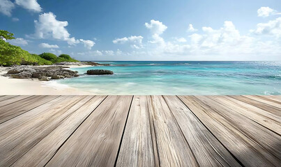 Fototapeta premium Rustic Wooden Planks Overlooking Turquoise WatersFor product display.Calm Sea and Blue Sky Background