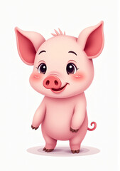 Cute Baby Pig with Big Ears, Cartoon Farm Animal on White Background
