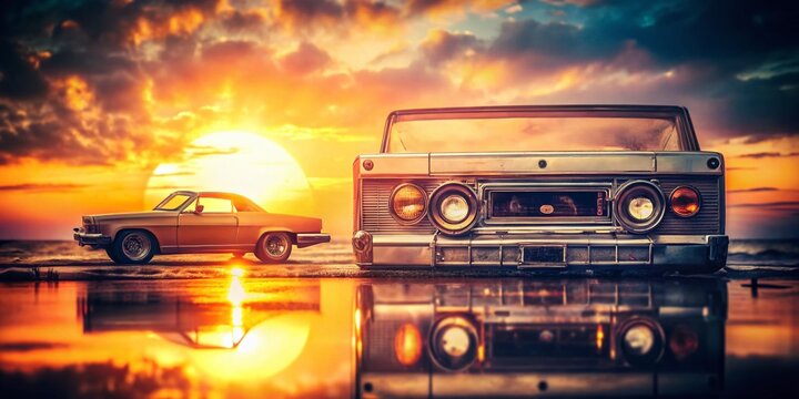 Retro 8-Track Player Double Exposure: Vintage Music Nostalgia,  8 Track Tape Player Photography, Double Exposure Effect,  Retro Aesthetic, Vintage Audio