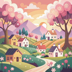Naklejka premium Springtime village scene