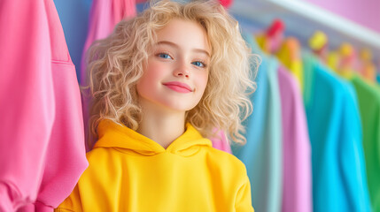 Colorful clothing display with girl in cheerful sweatshirt