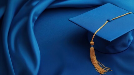 Blue graduation cap with tassel on a blue background. 