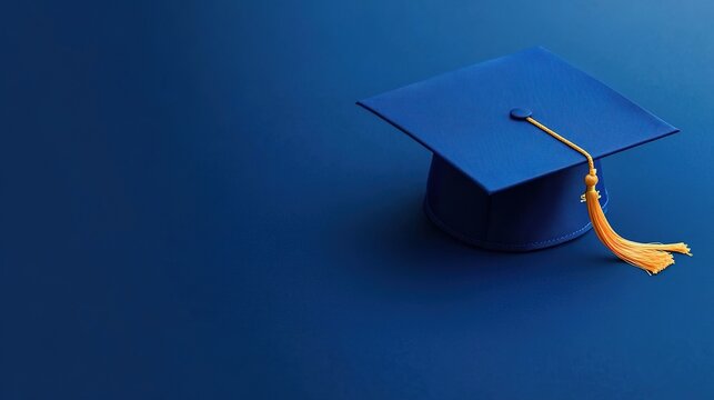 Blue graduation cap with tassel on a blue background. 