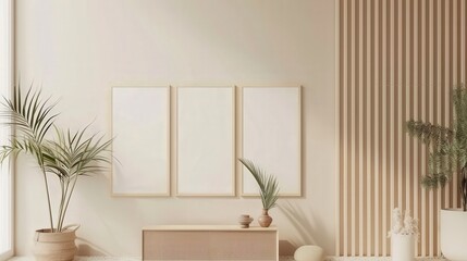 Fototapeta premium Minimalist living room interior with three blank frames. wooden wall panels. and potted plants