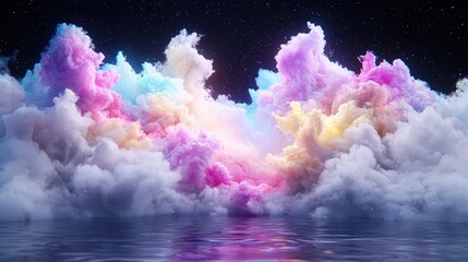 Fototapeta premium Vibrant pastel clouds in hues of pink, purple, and blue glow above a calm water surface under a starry night sky.