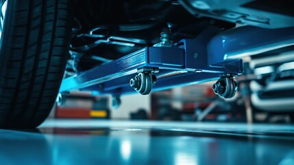 Obraz premium Car on a hydraulic lift in an auto repair shop.