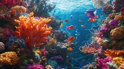 Fototapeta premium Vibrant coral reef teeming with diverse colorful fish and marine life under sunlit ocean water.