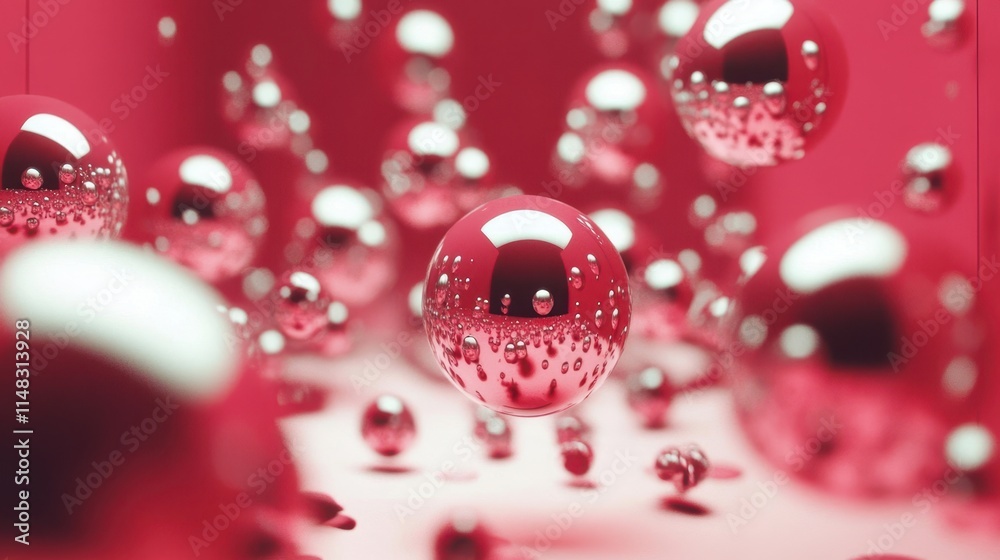 Poster Floating Red Spheres Create a Mesmerizing Dance of Reflections and Textures in Vivid Hues