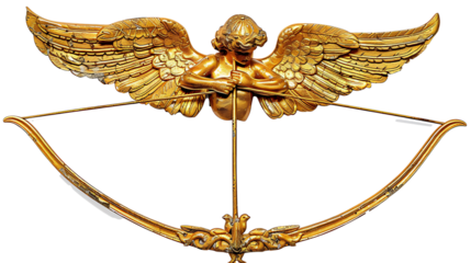 A Cupid’s bow and arrow made of gold, isolated on white background, cut out