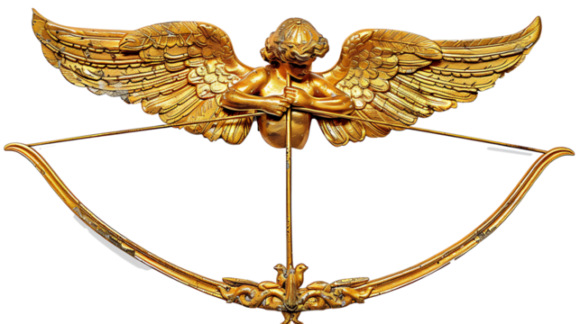 A Cupid’s bow and arrow made of gold, isolated on white background, cut out