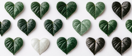 A collection of heart-shaped leaves in various shades of green and white displayed on a light background.