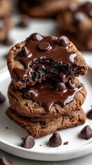 Stack of three chocolate chip cookies with melted chocolate, one bitten.