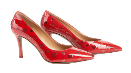 A pair of red high heels with heart decals, isolated on white background, cut out