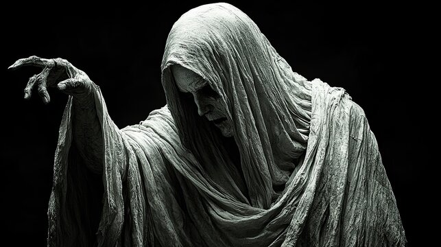 A ghostly figure draped in tattered cloth, reaching out with a haunting expression.
