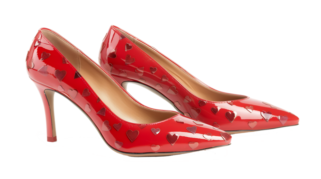 A pair of red high heels with heart decals, isolated on white background, cut out