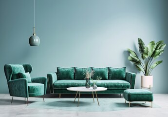 A stylish living room with a green velvet sofa. armchair. and ottoman. a round coffee table. and a large potted plant