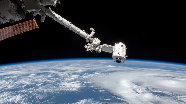 A space station laboratory orbiting Earth, where astronauts conduct advanced biological experiments under microgravity conditions, using robotic arms to manipulate samples. Through the windows, 