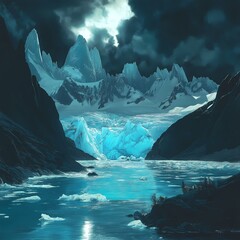 Glacier's Embrace: A serene, ethereal landscape painting of a glacial lake nestled amidst towering, snow-capped mountains under a dramatic, moody sky.  The scene evokes a sense of tranquility and awe.
