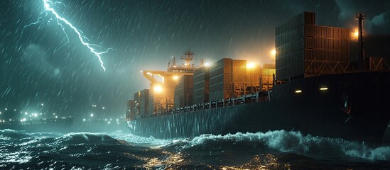 Cargo ship sailing in stormy sea at night.