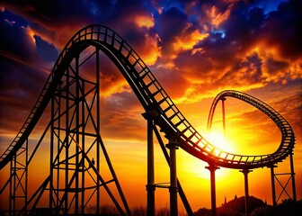 Obraz premium Roller Coaster Silhouette, Amusement Park Ride, Thrill Ride, Fairground Attraction, Dark Silhouette, Night Ride, Steel Coaster, Looping Coaster, Extreme Ride, Adventure Silhouette