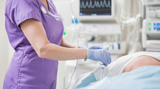 Cancer Therapy Concept, Nurse Administering Intraperitoneal Chemotherapy Treatment in Clinical Setting with Medical Equipment