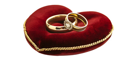 A pair of wedding rings on a velvet heart-shaped cushion, isolated on white background, cut out 