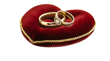 A pair of wedding rings on a velvet heart-shaped cushion, isolated on white background, cut out 