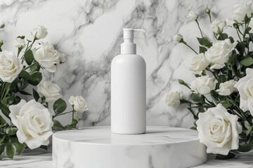 Blank white pump lotion bottle mockup on marble podium with white rose decoration. Concept for Cosmetic advertising, Beauty commercial, Packshot