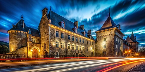 Obraz premium Roncesvalles Museum Night Photography, Long Exposure, Historic Building, Spain, Navarre, Architecture, Night Lights, Illuminated Facade, Ancient Structure, Travel Photography, Dark Background