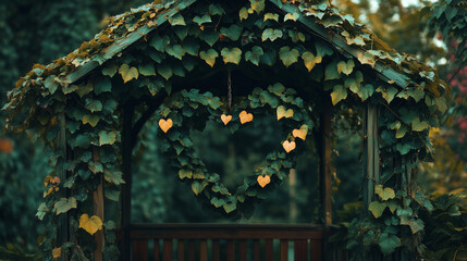 Obraz premium An old, ivy-covered gazebo where the leaves form heart shapes, with clear areas on the gazebo's slats for text