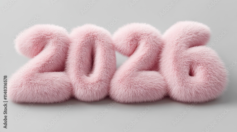 Aufkleber fluffy light pink figure representing the year shaped in soft playful numbers on a gray background