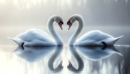 Two swans gracefully forming a heart shape in calm water.