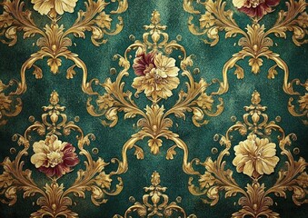 Vintage damask wallpaper, teal and gold with floral patterns