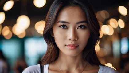 In Thailand, a woman stands confidently, her gaze steady and engaging. The warm, soft bokeh from background lights creates a cozy atmosphere, enhancing her striking features. Generative AI