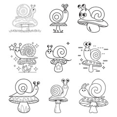 Mushrooms and snail. Coloring book. Cartoon vector illustration